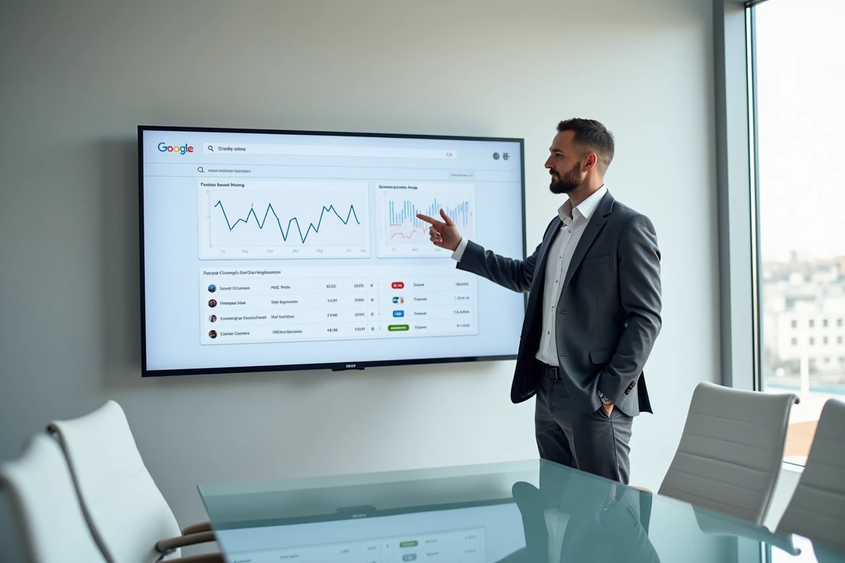 Consultant SEO présentant des résultats mesurables de référencement naturel à un client lors d'une réunion à Rennes