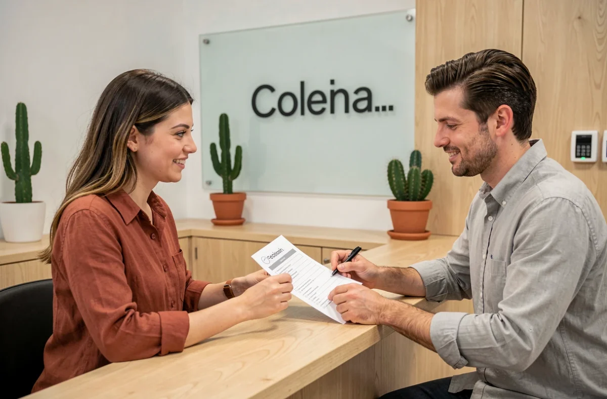 Deux personnes discutant avec un gestionnaire d'espace coworking avant de signer un contrat de location de bureau