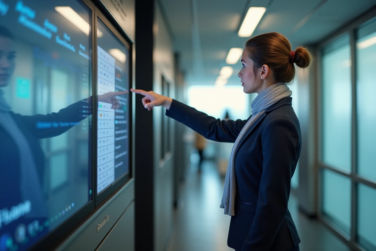 Responsable en uniforme pointant un écran tactile dans un couloir