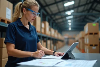 Coordinatrice logistique examinant un formulaire d'avisage dans un entrepôt d'expédition professionnel