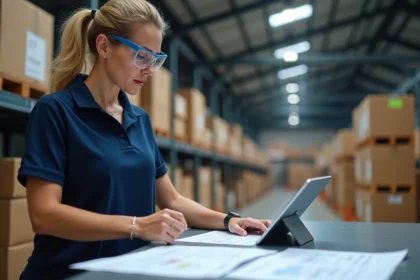 Coordinatrice logistique examinant un formulaire d'avisage dans un entrepôt d'expédition professionnel