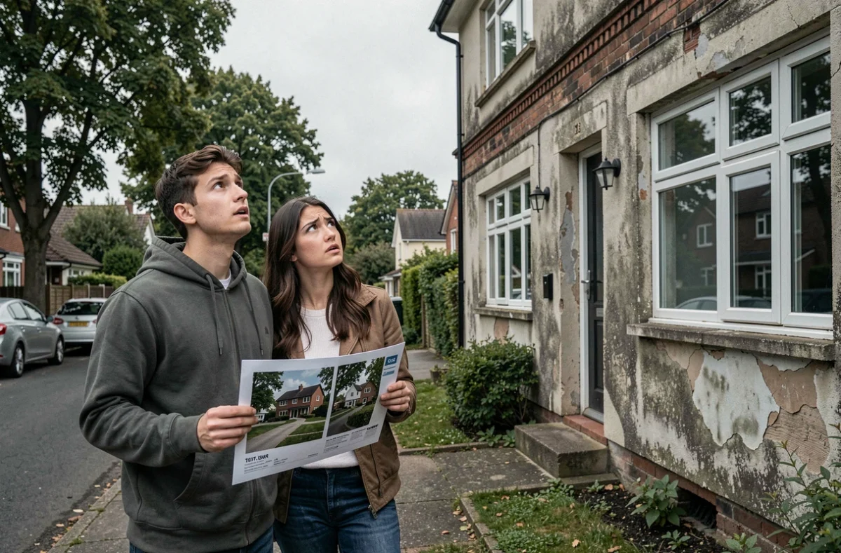 Couple d'acheteurs découvrant que la façade d'une maison ne correspond pas aux photos non contractuelles de l'annonce immobilière