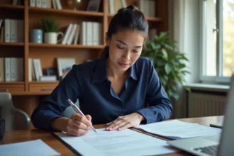 Femme consultant des documents administratifs pour déclarer une activité secondaire à l'URSSAF
