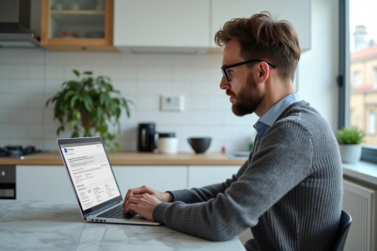 Homme remplissant une déclaration URSSAF en ligne pour une activité secondaire depuis son domicile