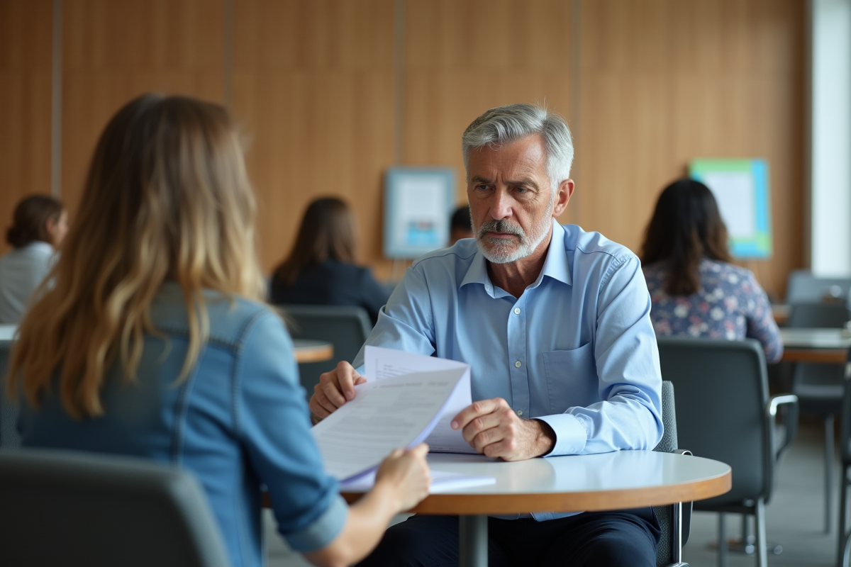 Demandeur d emploi discutant avec une conseillère dans une agence
