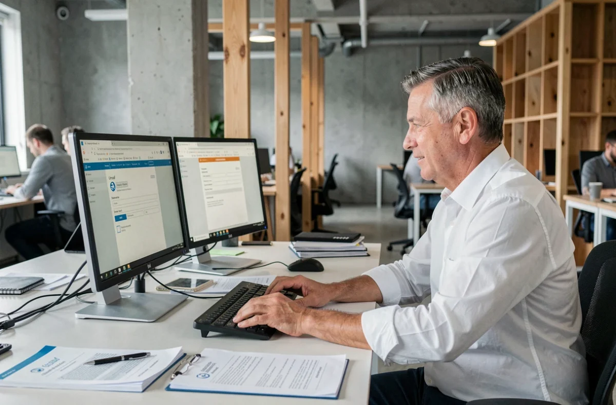 Chef d'entreprise complétant une démarche Urssaf avec FranceConnect sur ordinateur dans un espace de coworking