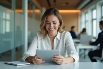 Femme professionnelle consultant un bulletin de paie dématérialisé sur tablette dans un bureau moderne