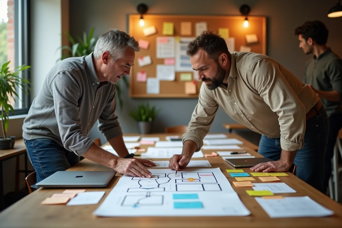 Deux leaders masculins en désaccord constructif lors d'un atelier créatif, penchés sur une table couverte de notes et de schémas dans un espace de travail collaboratif