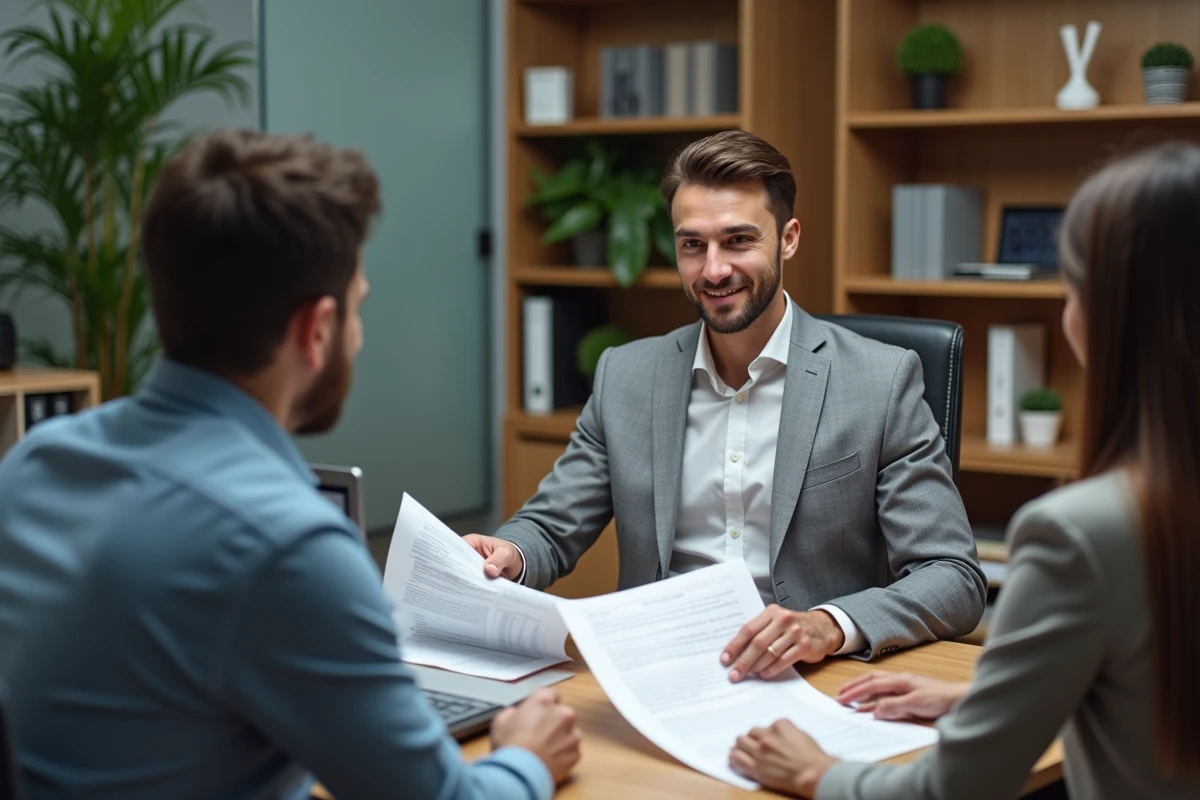 Directeur RH expliquant les modalités du congé d'été obligatoire à deux collaborateurs en entretien individuel dans un bureau professionnel