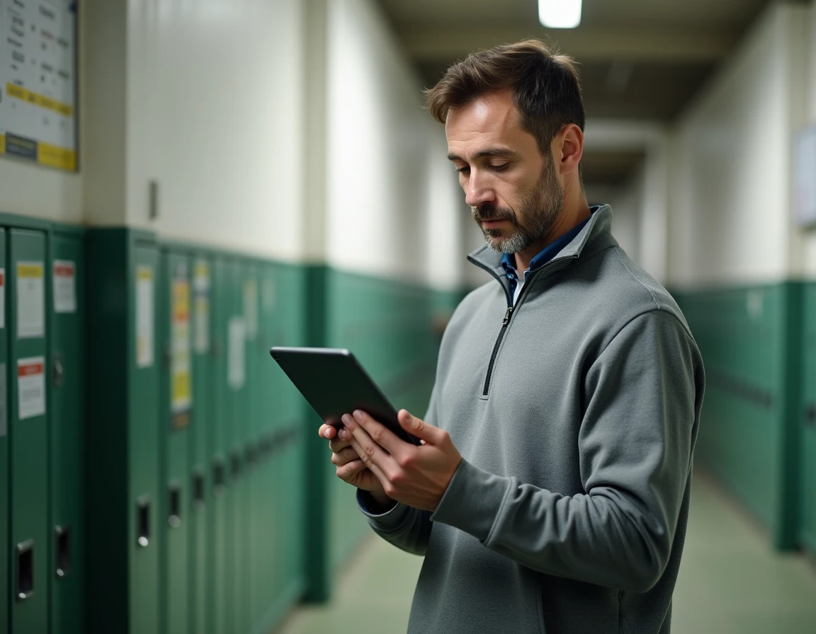 Dirigeant de club consultant les données administratives sur tablette dans un couloir de complexe sportif