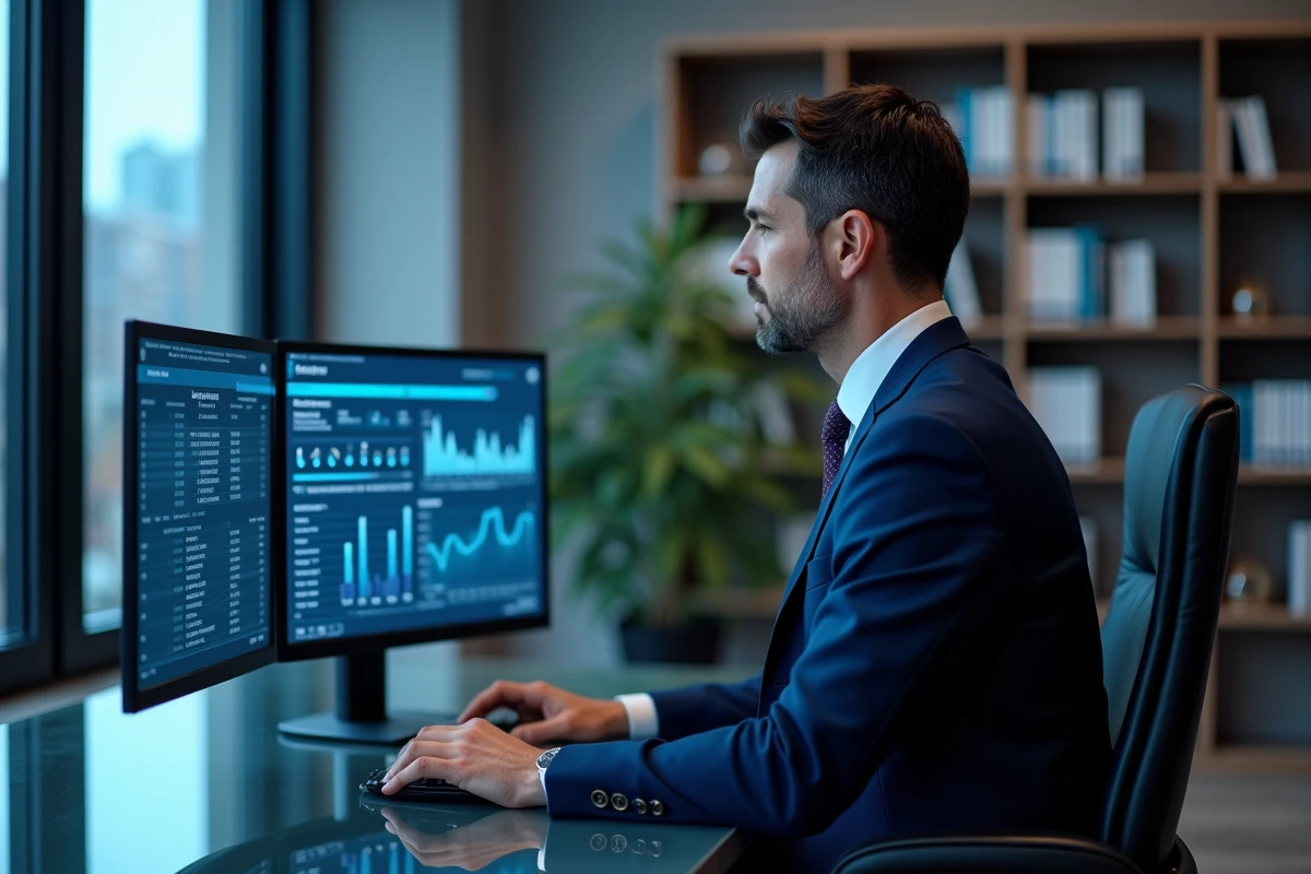 Dirigeant d'entreprise consultant une plateforme d'analyse de risque sur ordinateur dans un bureau vitré avec vue urbaine
