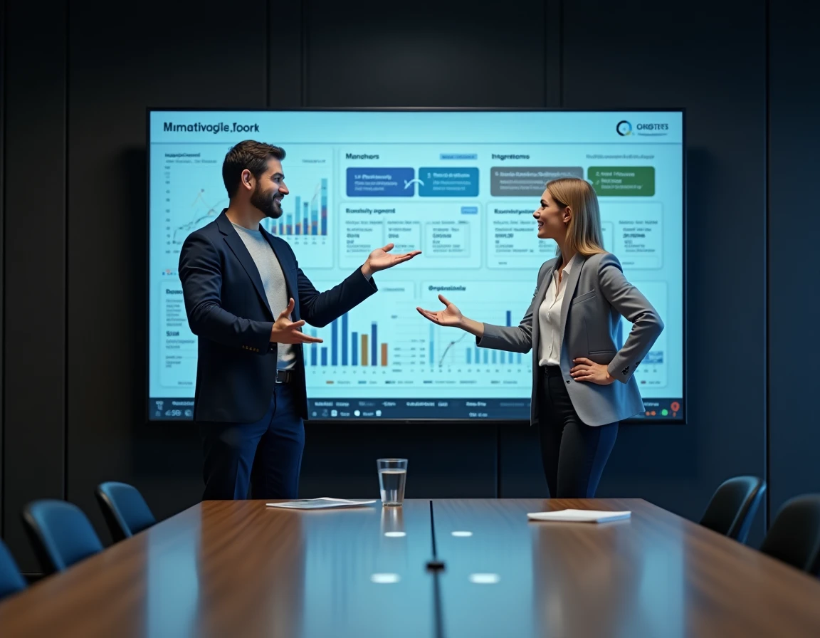 Deux dirigeants de startups analysant les données d'intégration post-fusion sur un écran numérique en salle de réunion