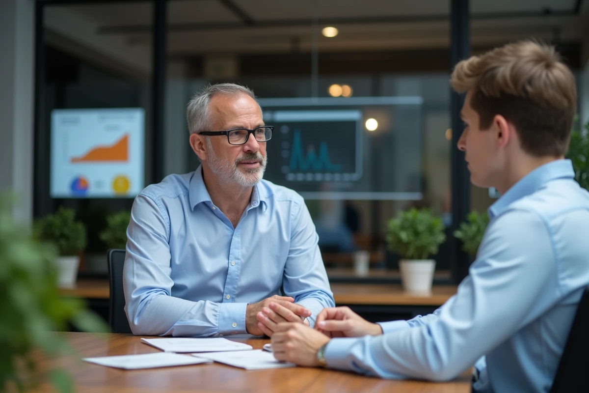 Homme finance discutant avec un collègue dans un espace de coworking