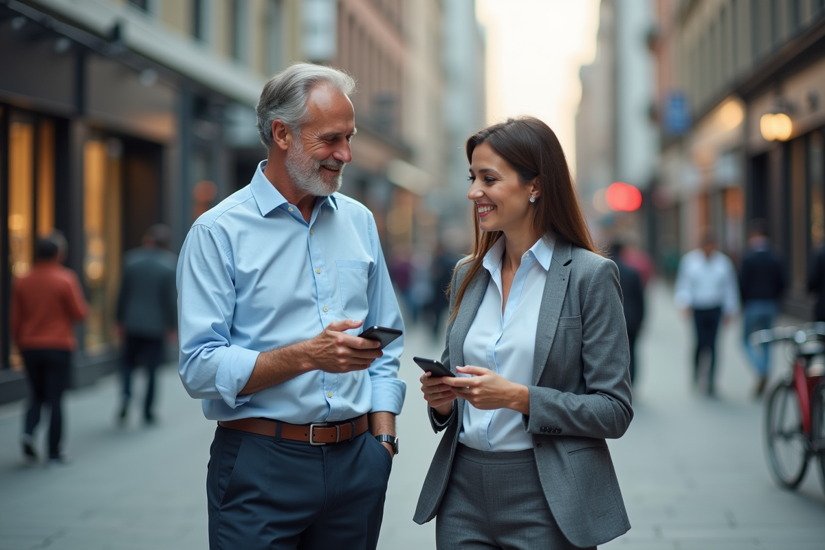 Homme en chemise bleue parle avec une femme en ville avec smartphone