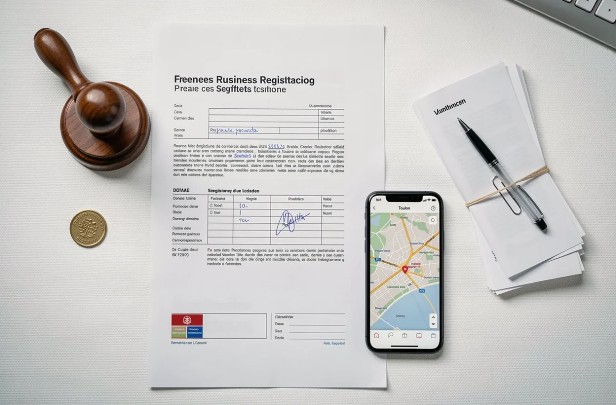 Documents administratifs et formulaires pour la domiciliation d'une entreprise à Toulon vus de dessus