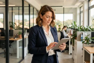 Femme d'affaires dans un espace de coworking moderne à Sophia Antipolis, consultant des documents sur tablette pour la domiciliation de son entreprise