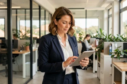 Femme d'affaires dans un espace de coworking moderne à Sophia Antipolis, consultant des documents sur tablette pour la domiciliation de son entreprise