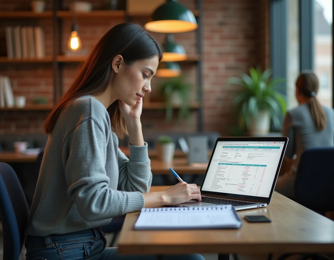 Professionnelle en startup analysant un dossier de due diligence pour une acquisition dans un espace de coworking moderne