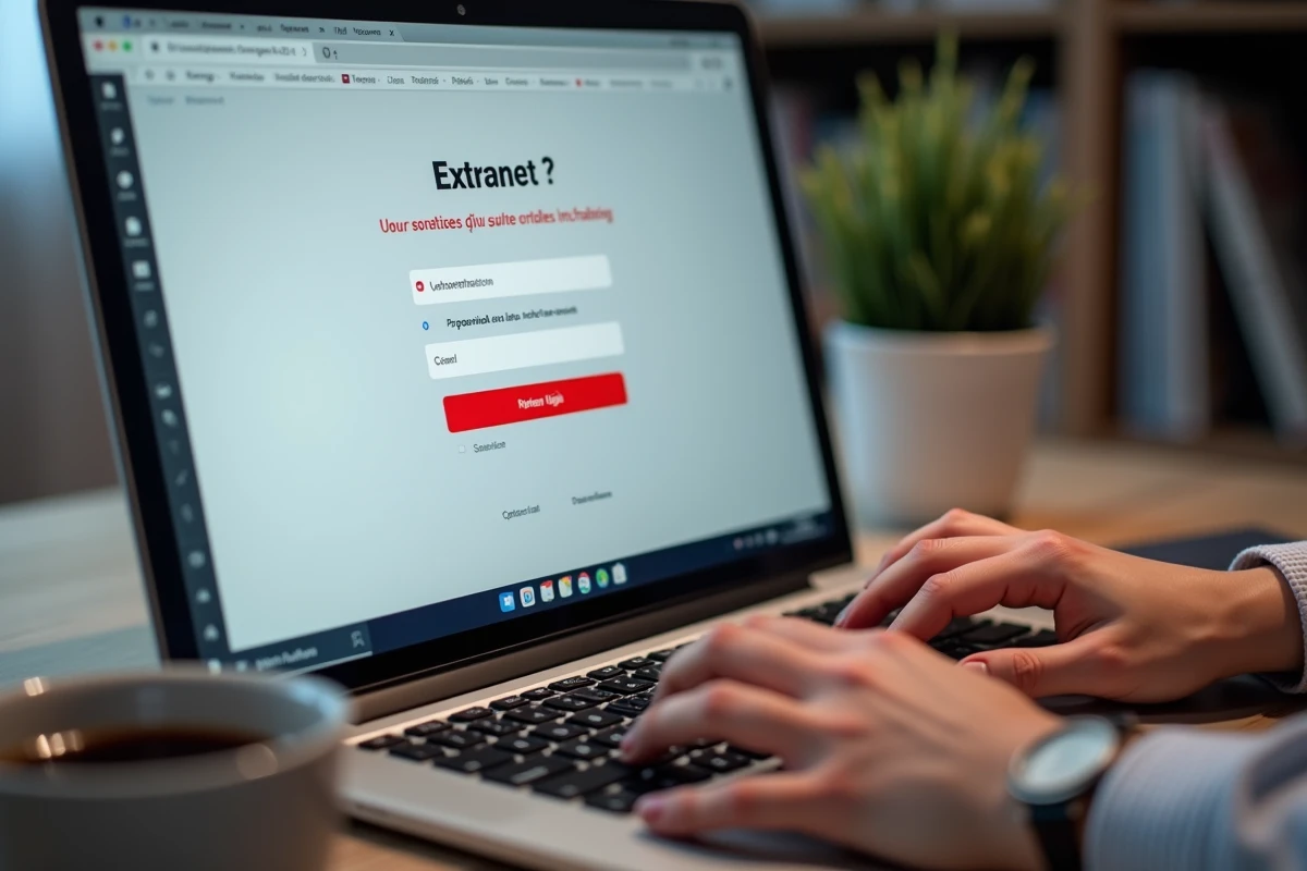 Gros plan sur un écran d'ordinateur affichant un message d'erreur de connexion à un extranet avec les mains d'un utilisateur sur le clavier