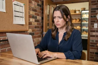Employée de boulangerie Marie Blachère consultant l'intranet sur un ordinateur portable dans un bureau de back-office