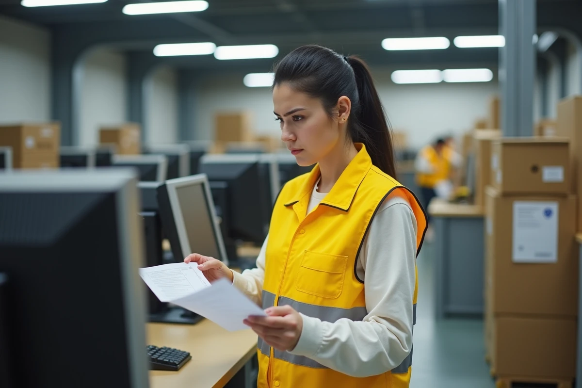 Une employée en gilet jaune postal consultant un document face à un terminal informatique dans un centre de tri