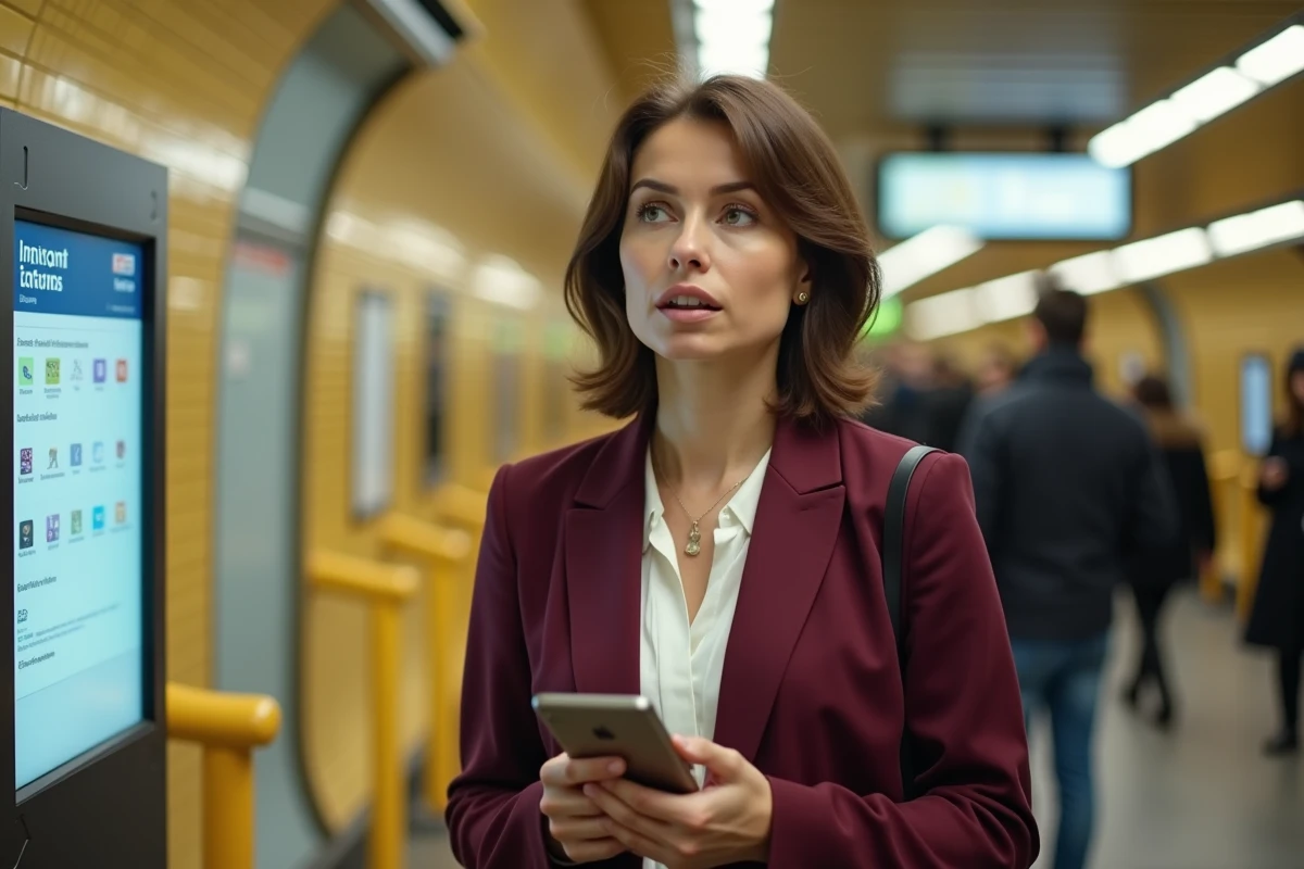 Femme employée RATP consultant une application syndicale CSE2 dans une station de métro parisienne