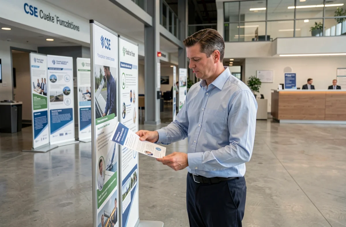 Employé prenant une brochure d'information du CSE Dassault dans le hall d'entrée de l'entreprise