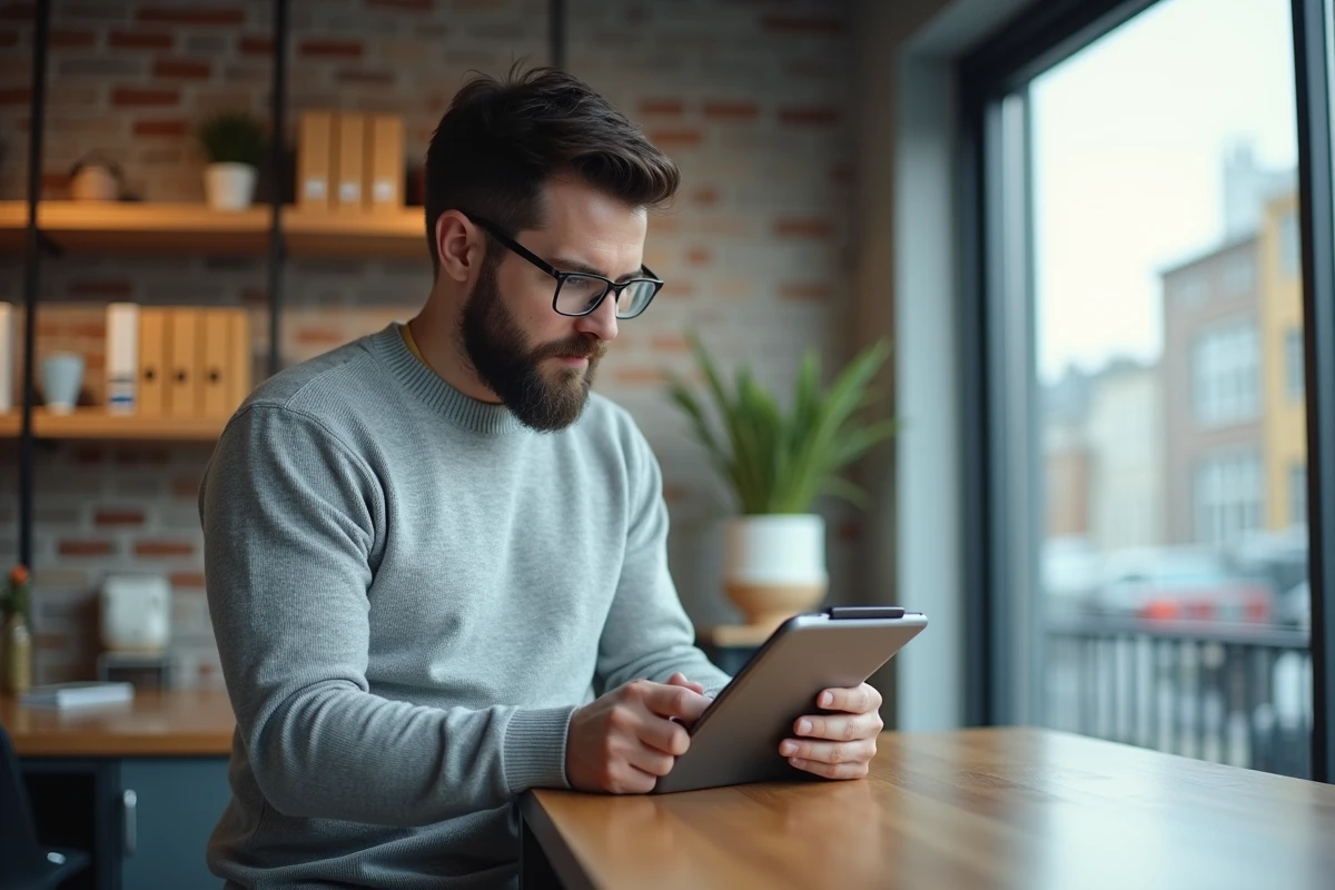 Employé téléchargeant des documents RH dans un coffre-fort numérique sécurisé depuis une tablette
