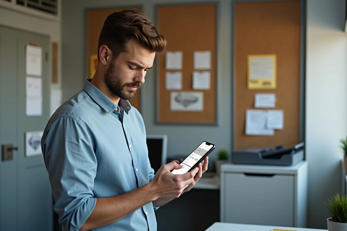 Employé de TPE consultant son bulletin de paie sur smartphone à côté d'une imprimante de bureau