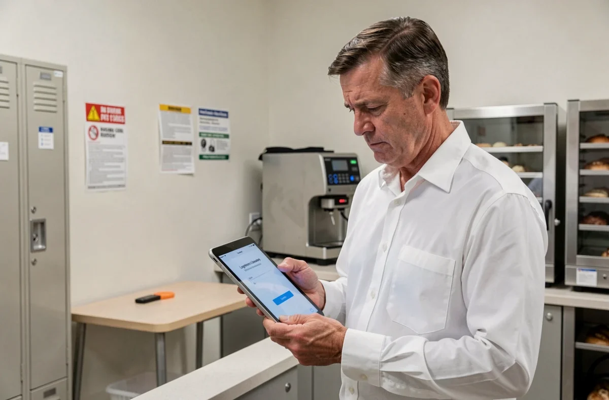 Employé en uniforme de boulangerie face à un écran de connexion intranet sur une tablette dans une salle de pause