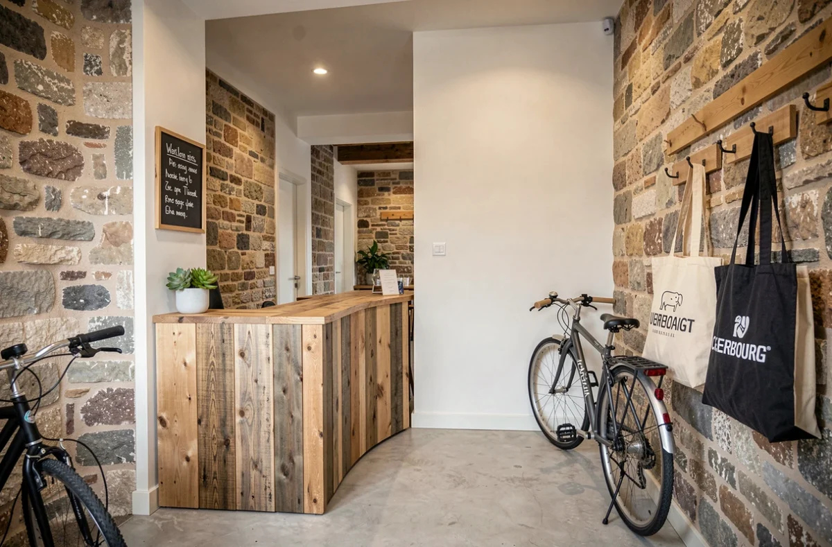 Entrée et accueil d'un espace de coworking moderne installé dans un bâtiment en pierre normande rénové à Cherbourg