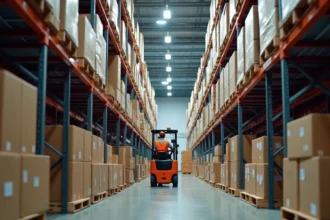 Opérateur de chariot élévateur dans un entrepôt de distribution omnicanale avec rangées de rayonnages industriels