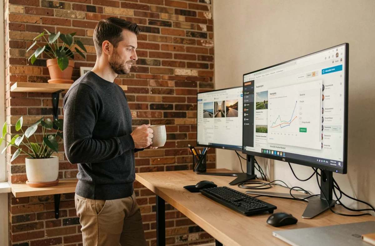 Entrepreneur masculin consultant son abonnement numérique à un journal économique depuis son bureau à domicile