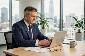 Entrepreneur analysant des documents financiers sur un ordinateur portable dans un bureau moderne pour réduire les risques d'investissement