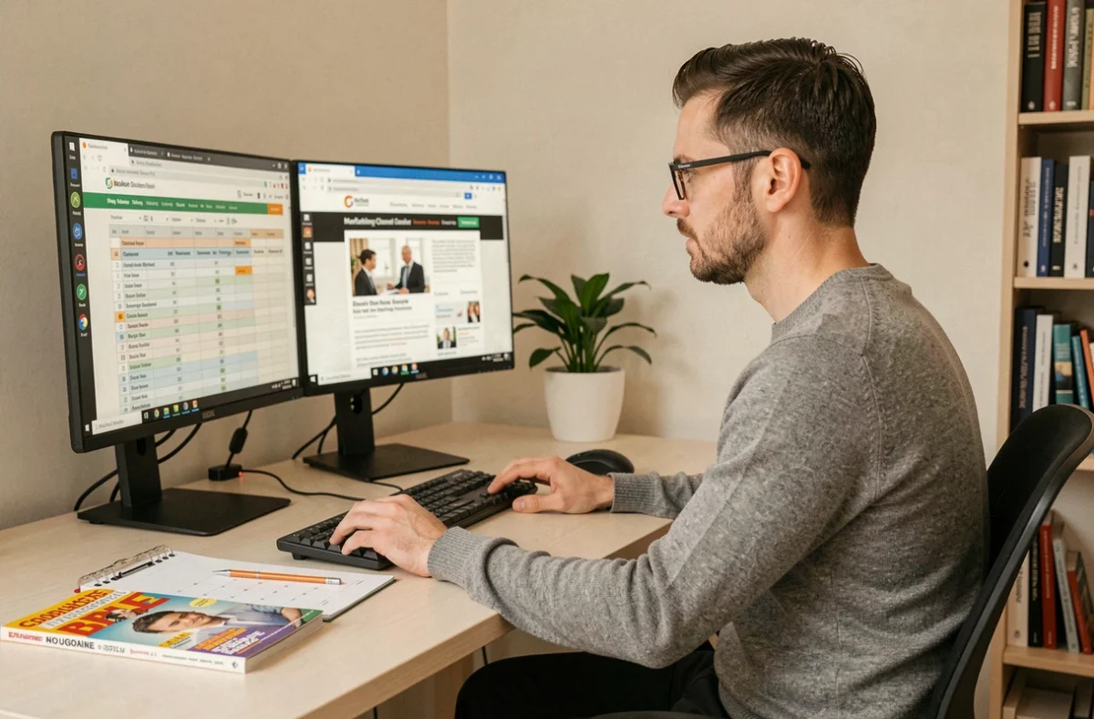 Entrepreneur analysant seul la place d'un magazine professionnel dans son budget marketing global depuis son bureau à domicile