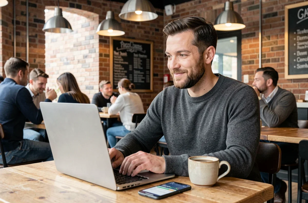 Entrepreneur consultant son magazine digital de gestion de trésorerie sur un ordinateur portable dans un café moderne