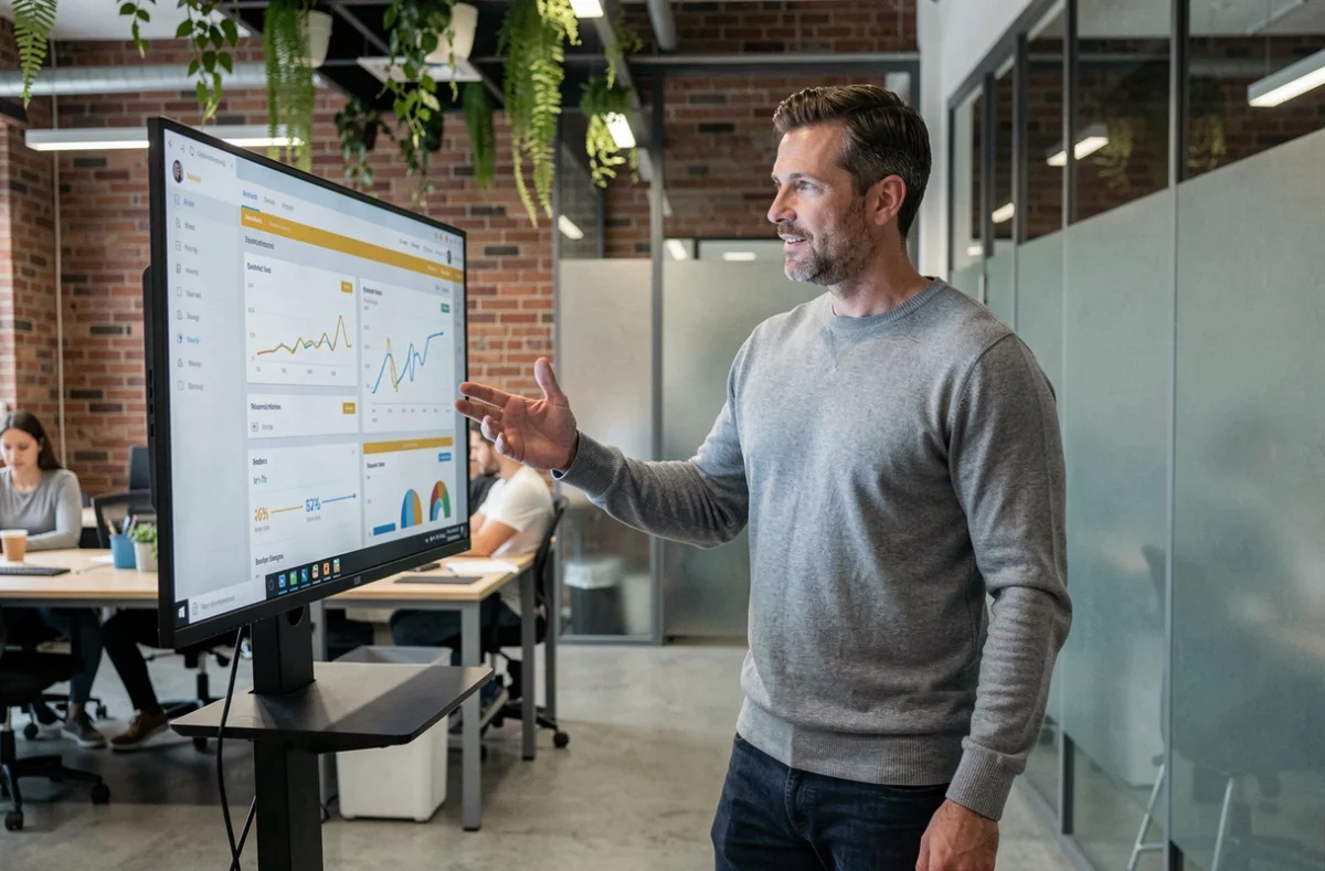 Entrepreneur masculin consultant un tableau de bord de site web dans un espace de coworking contemporain