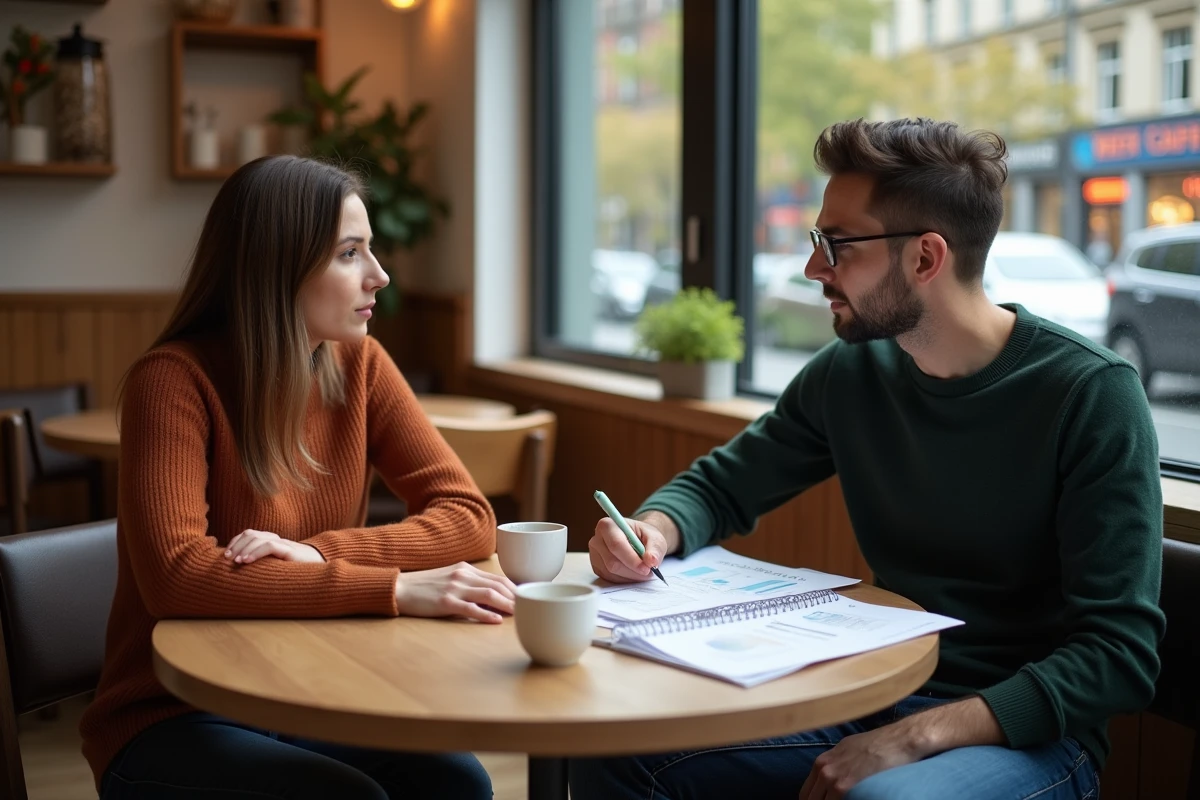 Deux entrepreneurs discutant d'un business plan et d'un pitch deck dans un café indépendant