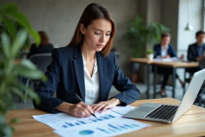 Entrepreneuse analysant un business plan structuré dans un espace de co-working moderne