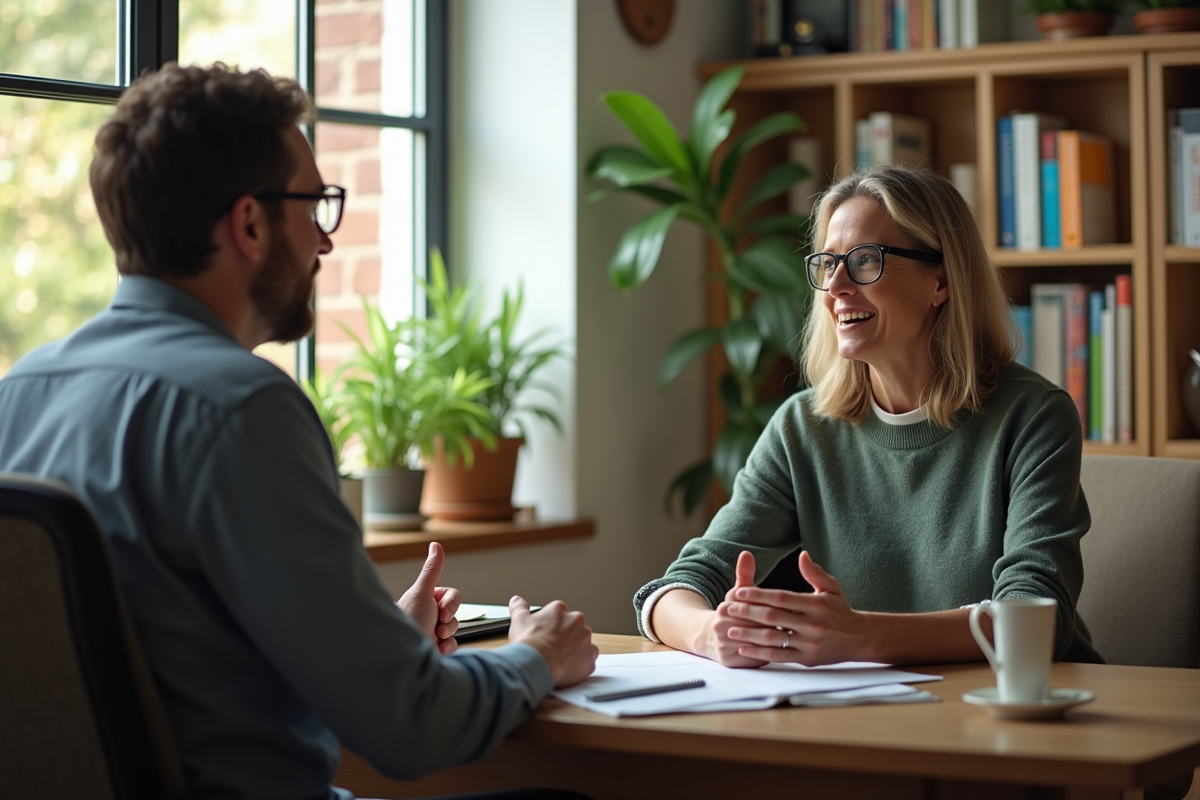 Jeune homme écoutant une coach dans un bureau cosy