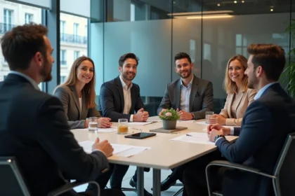 Groupe de professionnels en réunion dans un bureau parisien