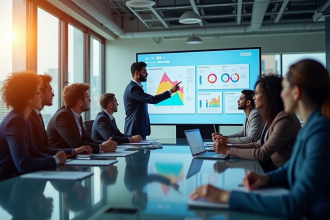 Groupe de professionnels collaborant autour d'une table moderne avec écran digital
