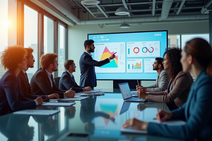 Groupe de professionnels collaborant autour d'une table moderne avec écran digital