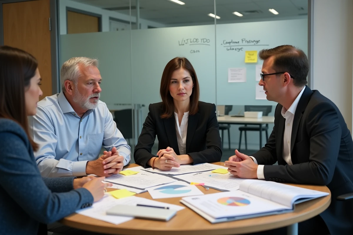 Équipe de conformité discutant d'un rapport d'audit autour d'une table de réunion avec des documents de staffing
