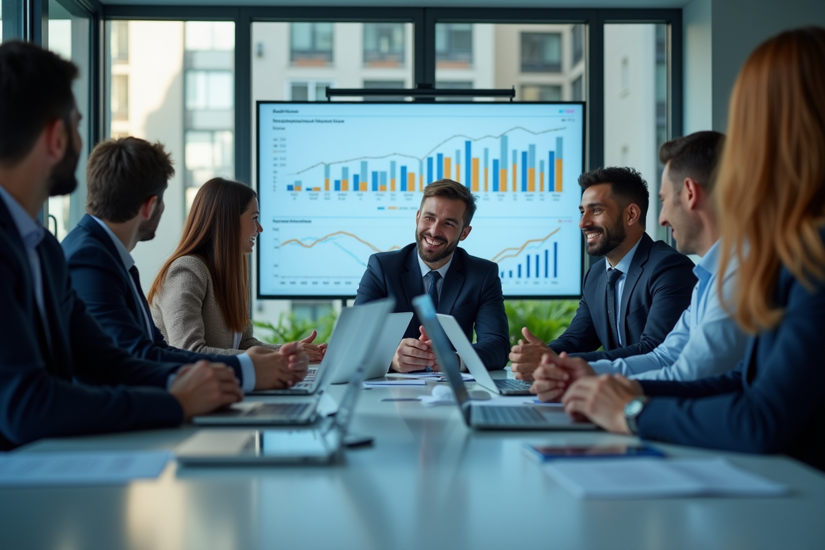 Groupe de consultants discutant de données dans un bureau moderne