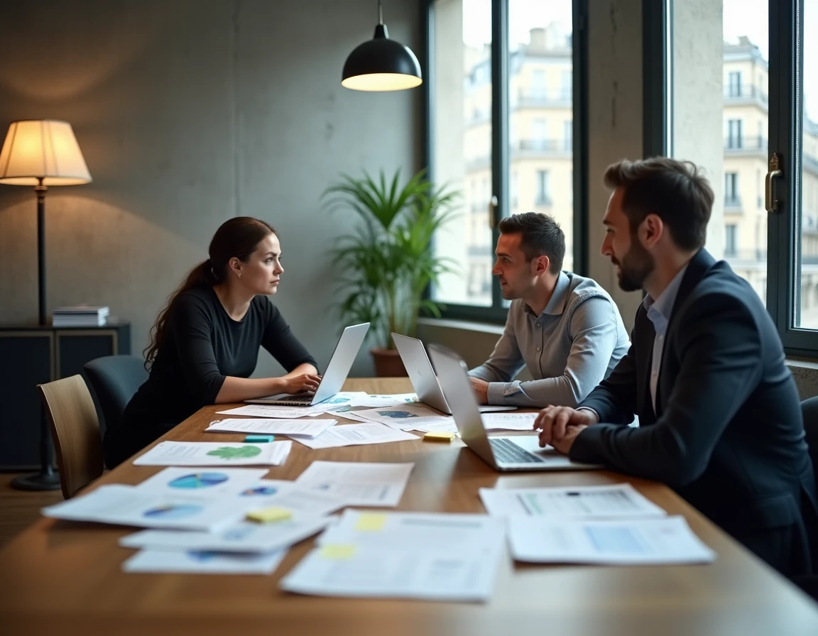 Équipe de consultants en marketing digital en réunion de stratégie avec rapports de performance à Paris