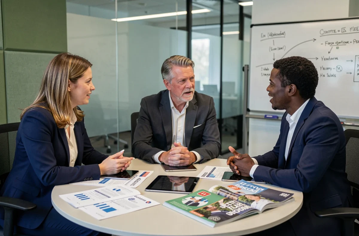Équipe d'entrepreneurs analysant des publications économiques et journaux d'affaires en réunion dans un espace de coworking