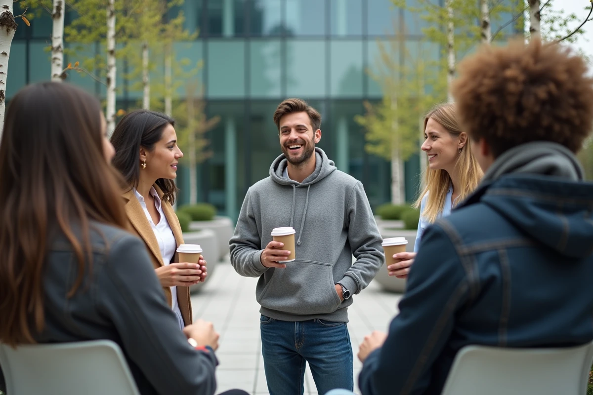 Une équipe de cinq professionnels en cercle dans une cour urbaine d'entreprise, illustrant la dynamique de leadership partagé et l'émergence de leaders informels