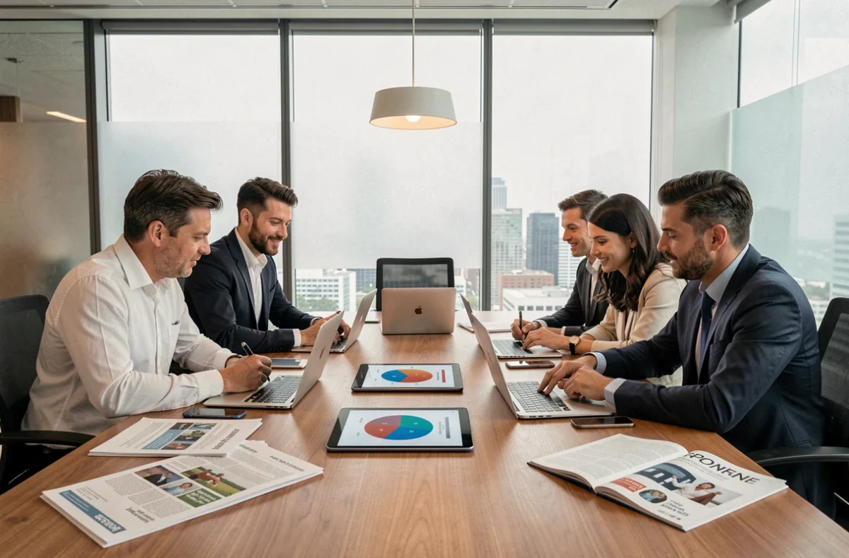 Équipe marketing en réunion autour d'un plan de communication global incluant un magazine professionnel et des graphiques de répartition budgétaire