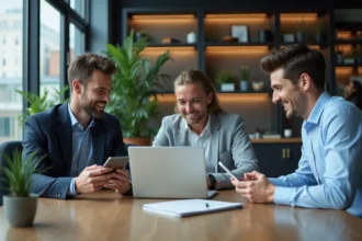 Equipe de professionnels discutant autour d'un tableau digital
